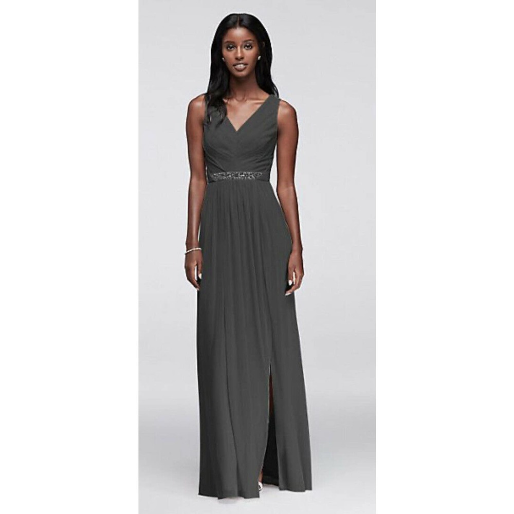 Davids bridal Gown long V-Neck graphite 10 NWT